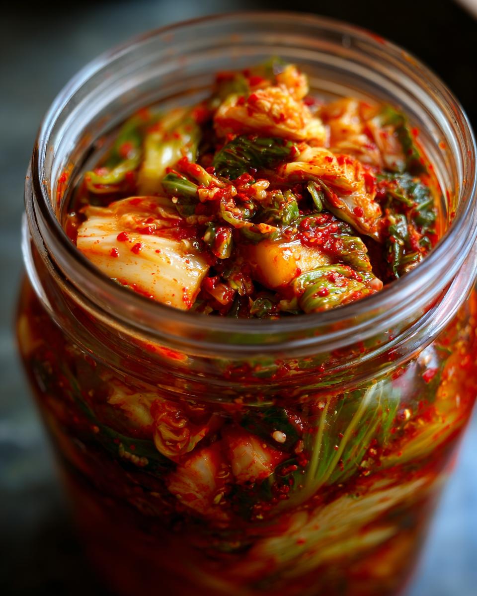 Close-up of vibrant, freshly made fermented kimchi packed tightly into a clear glass jar.