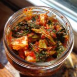 Overhead close-up of vibrant red and green fermented kimchi packed tightly into a clear glass jar.