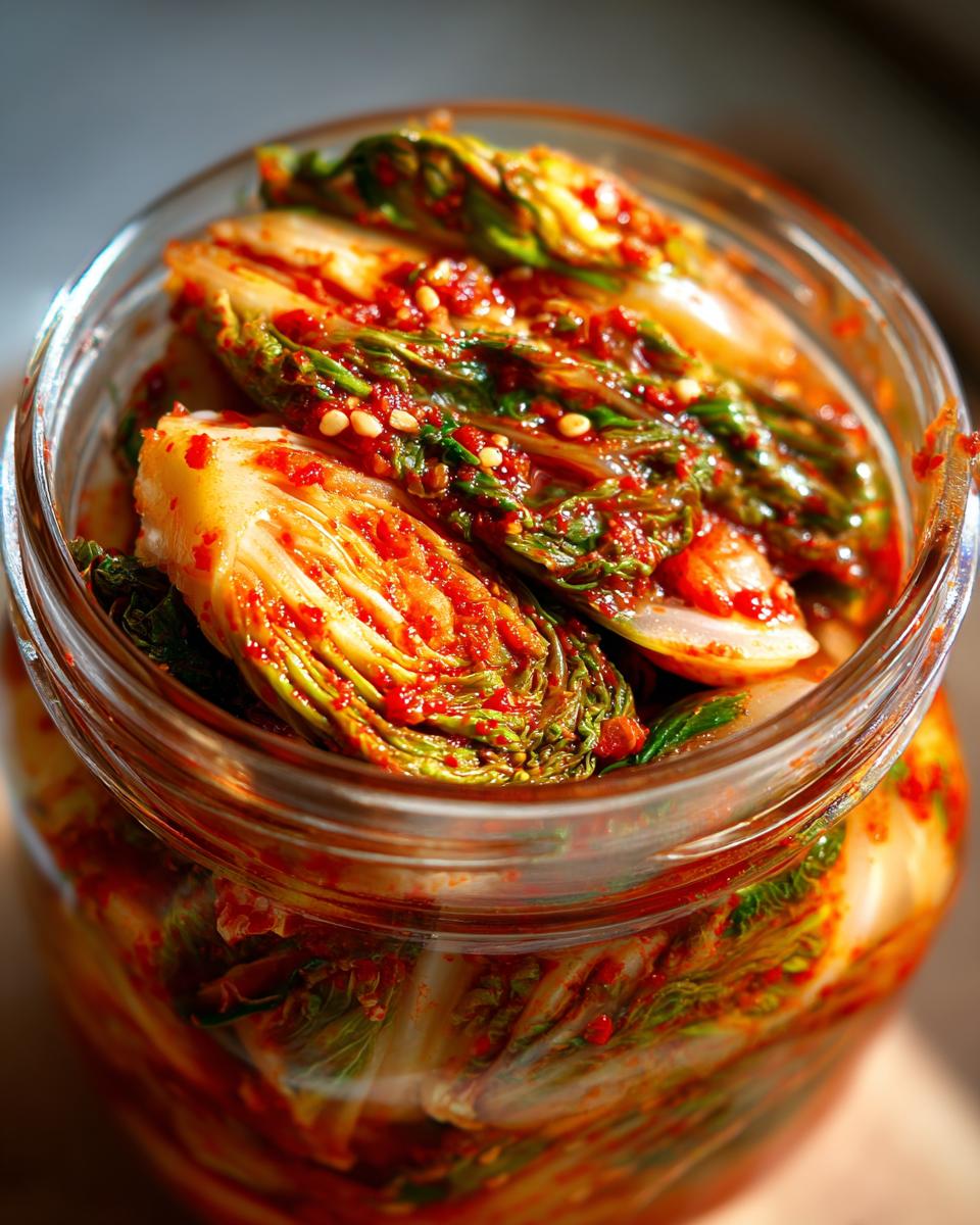 Close-up of vibrant red, spicy fermented kimchi packed tightly into a clear glass jar.