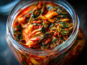 Close-up overhead view of vibrant red and green fermented kimchi packed tightly inside a clear glass jar.