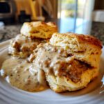 Close-up of fluffy buttermilk biscuits smothered in creamy, black pepper-flecked sausage gravy for delicious biscuits and gravy.