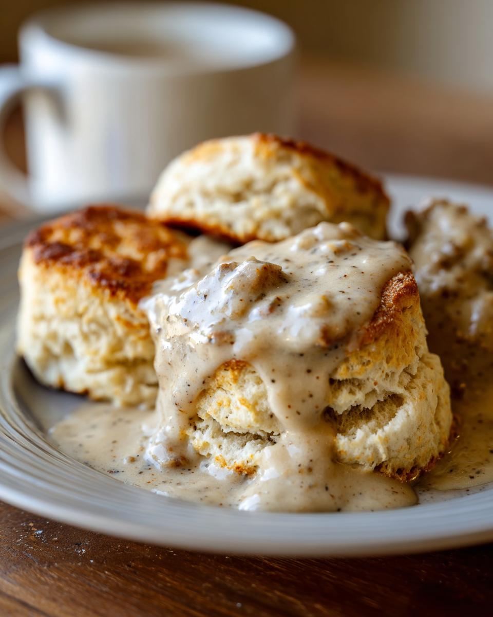 Close-up of fluffy, golden biscuits smothered in creamy sausage gravy, the perfect biscuits and gravy.