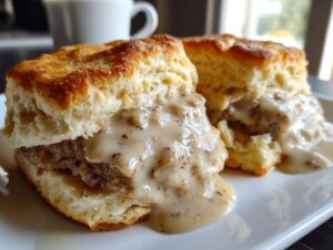 Two halves of fluffy, golden biscuits smothered in creamy sausage gravy, a classic biscuits and gravy dish.