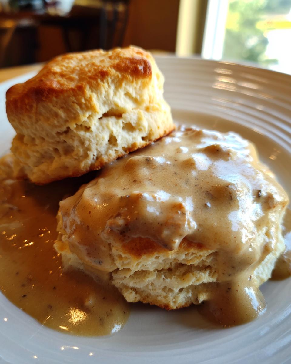 A close-up of fluffy buttermilk biscuits smothered in rich, creamy sausage gravy, the perfect biscuits and gravy.