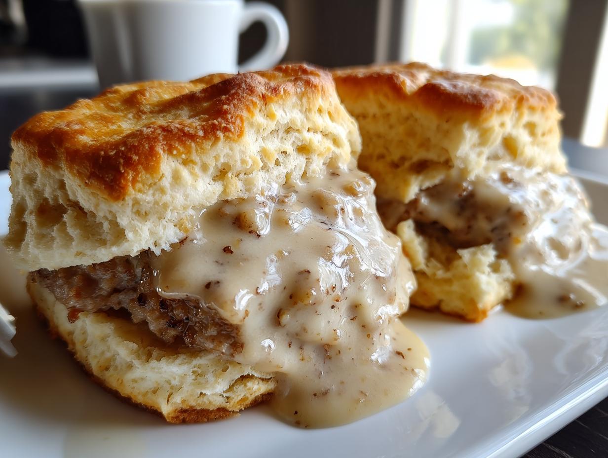 Two halves of fluffy, golden biscuits smothered in creamy sausage gravy, a classic biscuits and gravy dish.