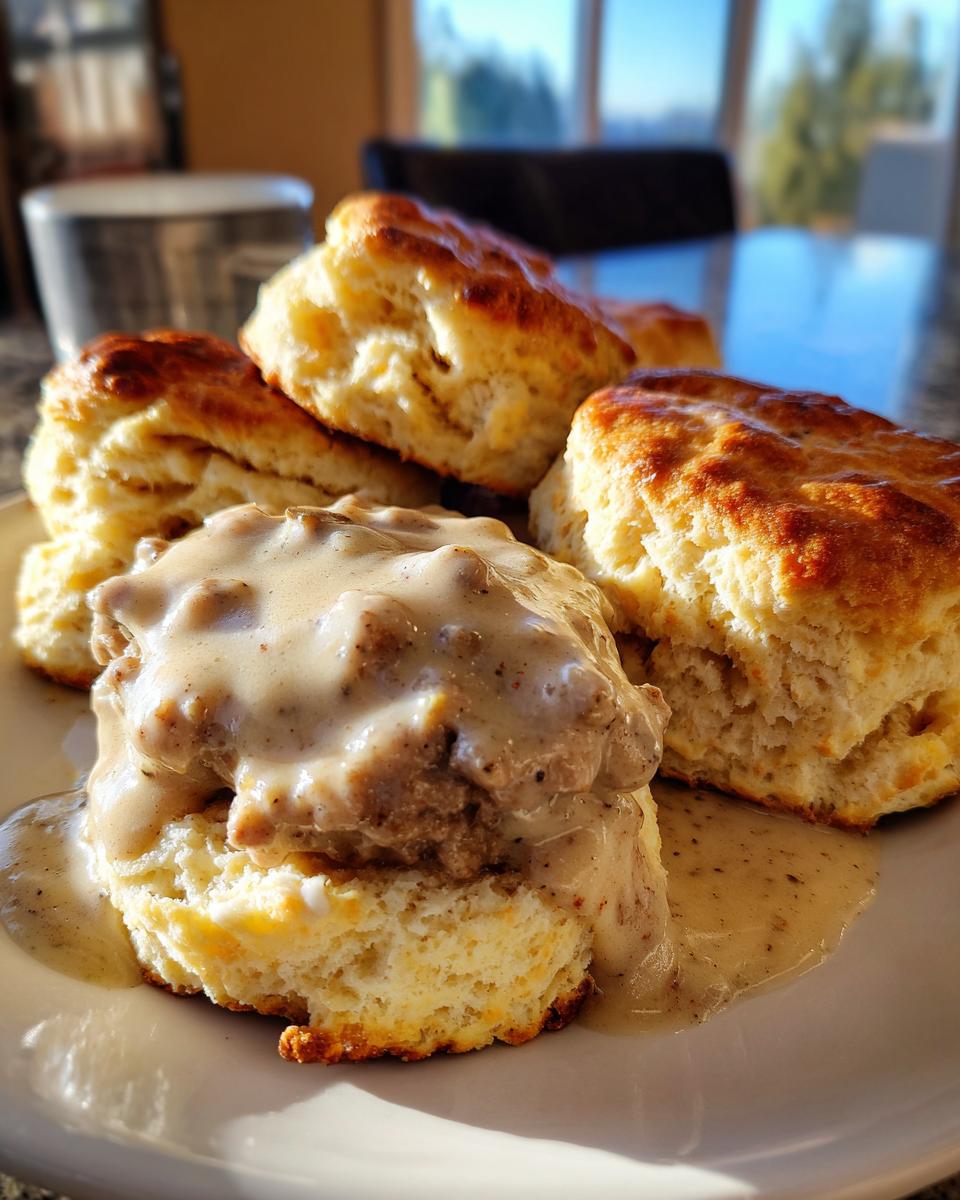 A plate featuring fluffy, golden-brown biscuits smothered in creamy sausage gravy, the perfect biscuits and gravy.
