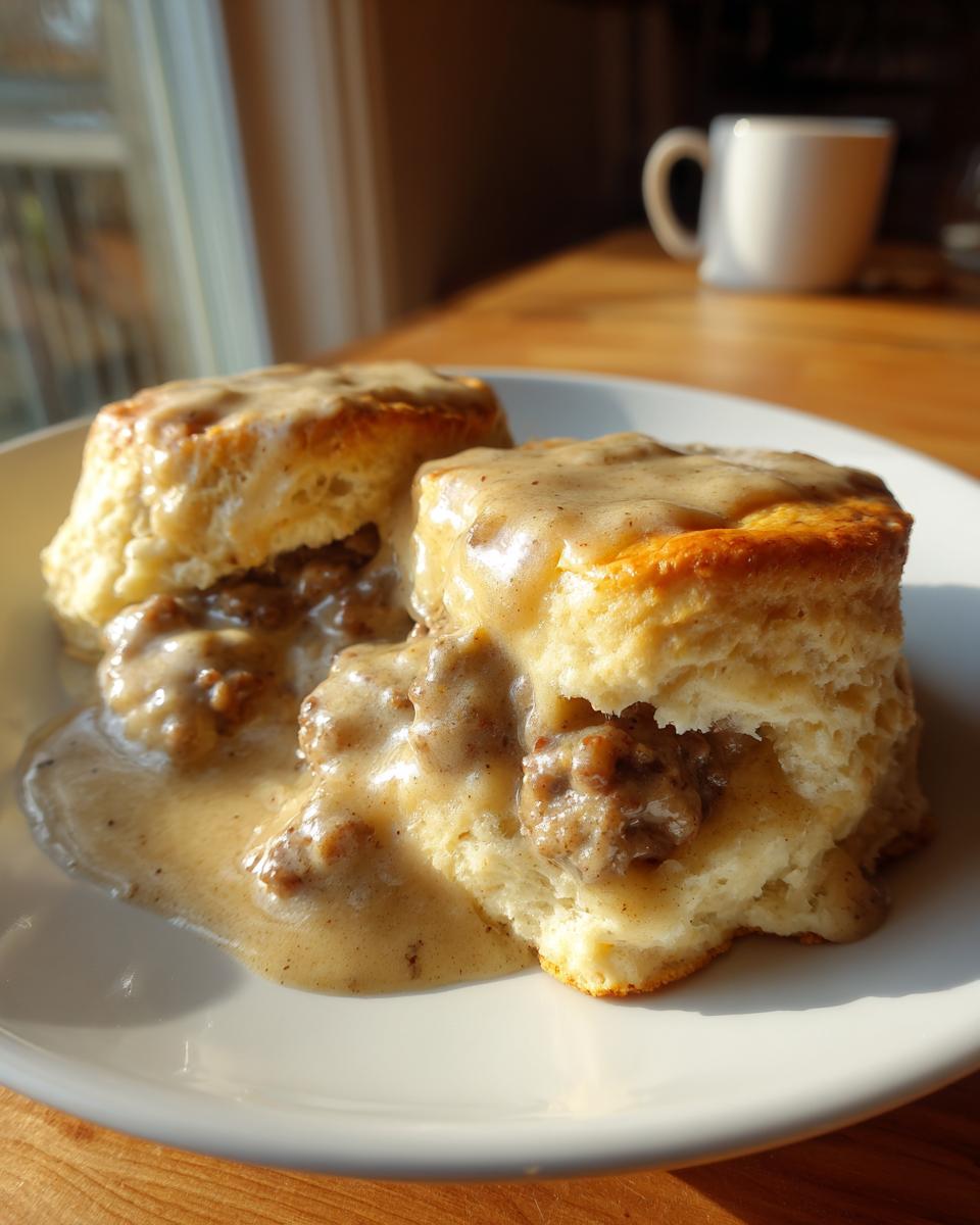 Two fluffy biscuits smothered in creamy sausage gravy, a classic biscuits and gravy dish, on a white plate.