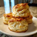 A stack of four golden-brown, flaky fluffy buttermilk biscuits showing excellent layers on a white plate.