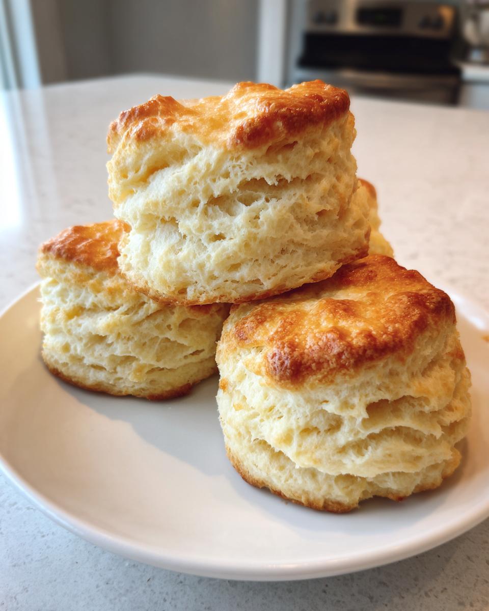 A stack of four golden-brown, tall, and fluffy buttermilk biscuits showing distinct layers.