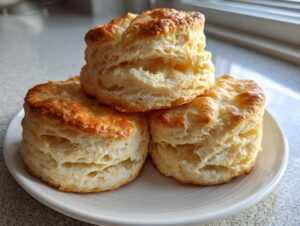 Three tall, golden-topped fluffy buttermilk biscuits stacked on a white plate, showing excellent layers.