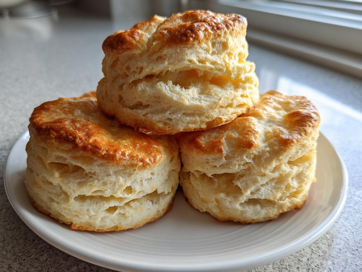 Three tall, golden-topped fluffy buttermilk biscuits stacked on a white plate, showing excellent layers.