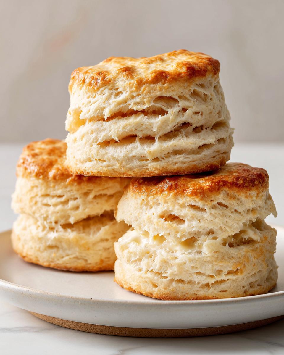 Three tall, flaky, fluffy buttermilk biscuits stacked on a light plate, showing excellent layers.