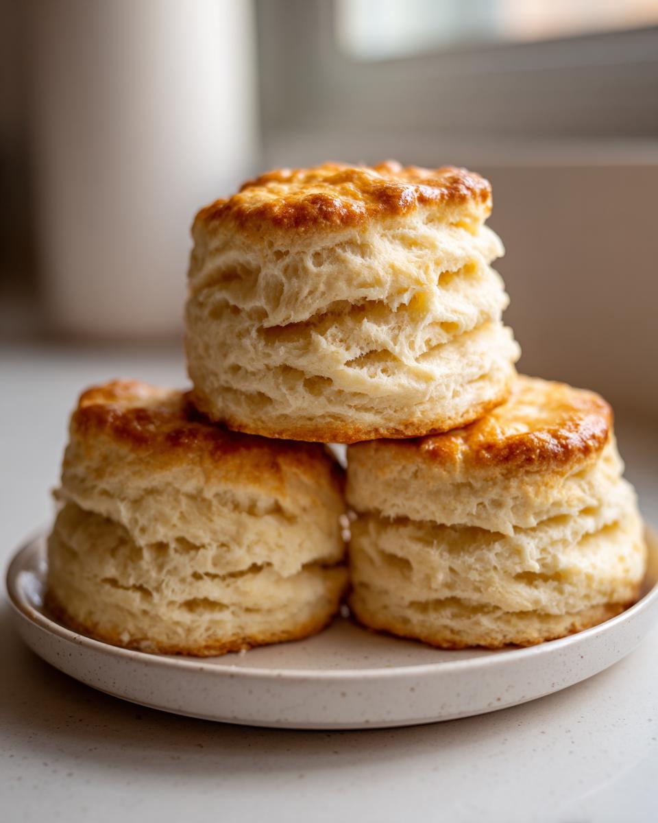 Three tall, golden-brown fluffy buttermilk biscuits stacked on a small plate, showing distinct layers.