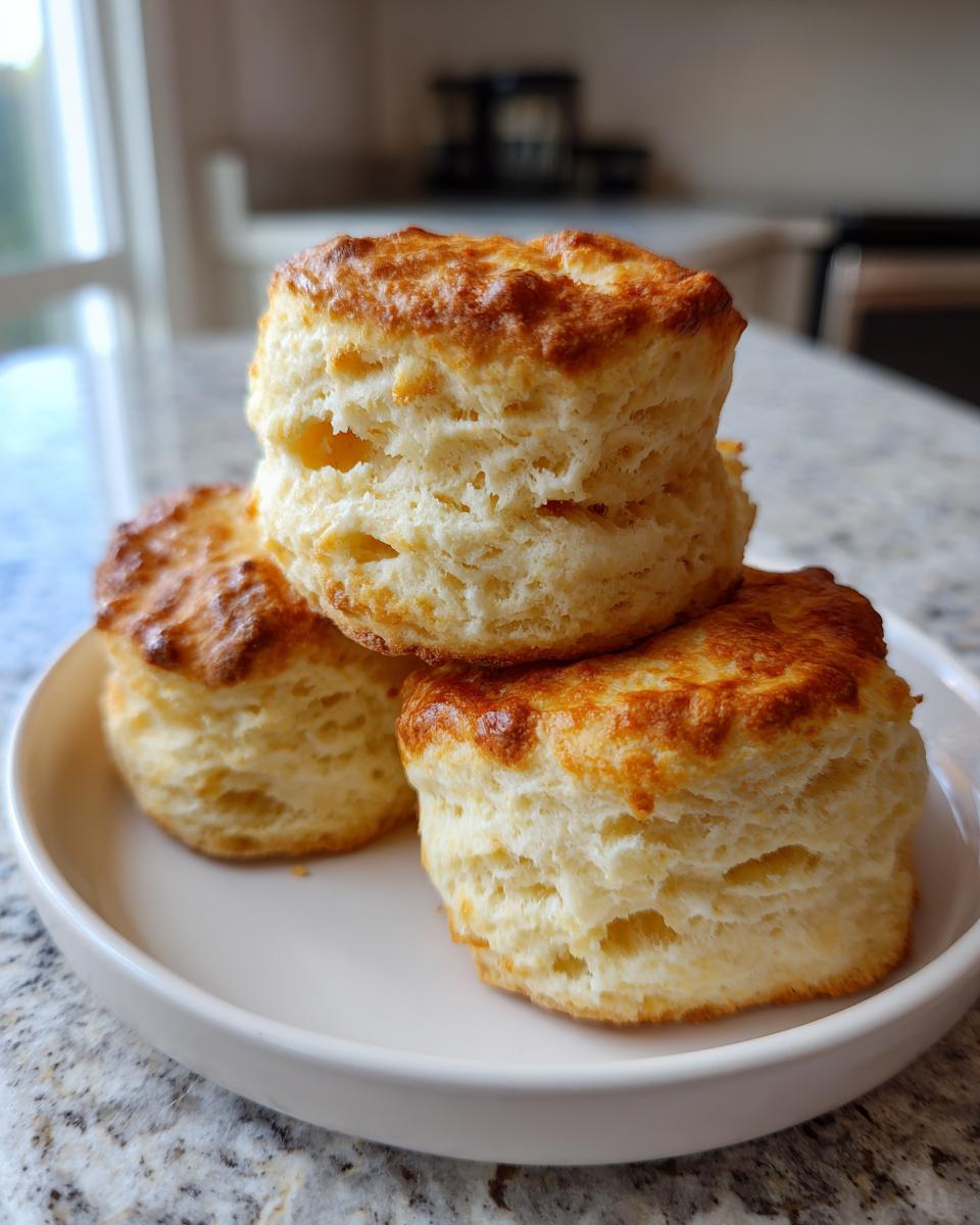 Three tall, golden-brown fluffy buttermilk biscuits stacked on a small white plate.