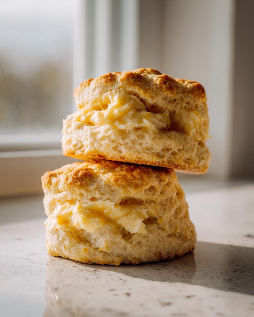 Two fluffy, golden-brown honey butter biscuits stacked, split open to show melted butter filling.