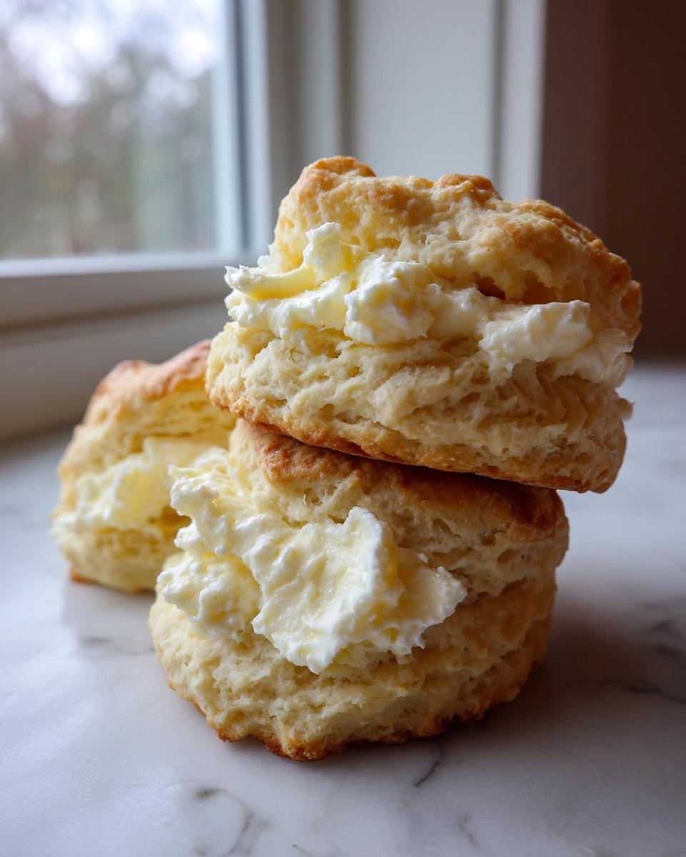 Two stacked, fluffy Honey Butter Biscuits split open and generously filled with a dollop of creamy butter or whipped topping.