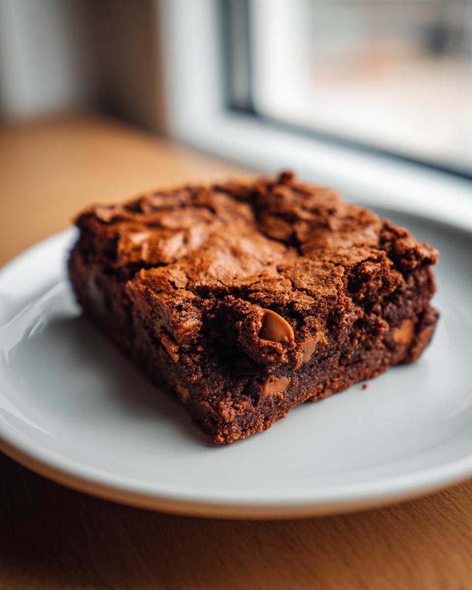 A single, rich, fudgy square of butterscotch brownies with a crackly top, served on a white plate.