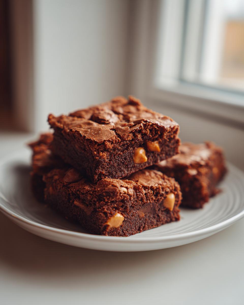 A stack of fudgy chocolate butterscotch brownies studded with visible butterscotch chips, resting on a white plate.