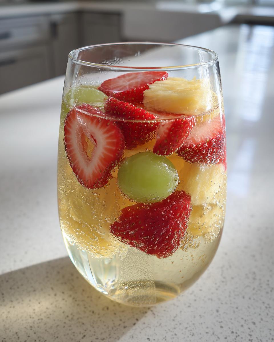 Close-up of a glass filled with bubbly Moscato sangria, loaded with sliced strawberries, green grapes, and pineapple chunks.