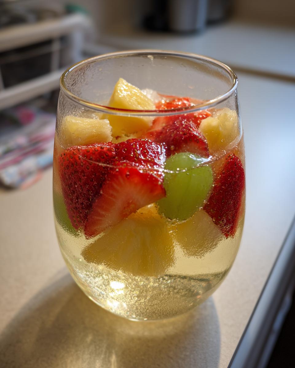 A close-up of a glass filled with bubbly Moscato sangria, loaded with strawberries, pineapple chunks, and green grapes.