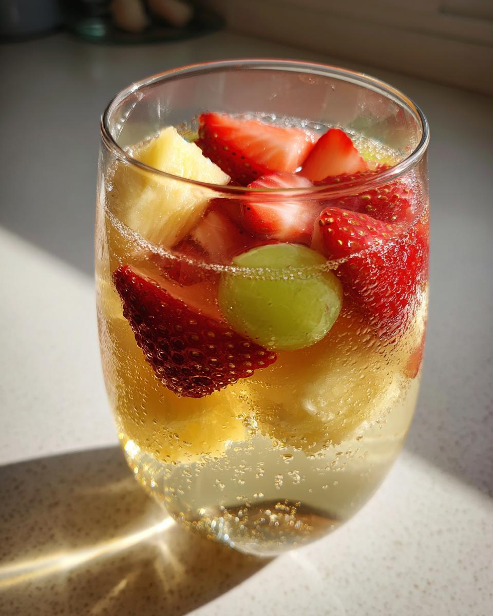 Close-up of a glass filled with sparkling Moscato sangria, loaded with fresh strawberries, pineapple chunks, and green grapes.