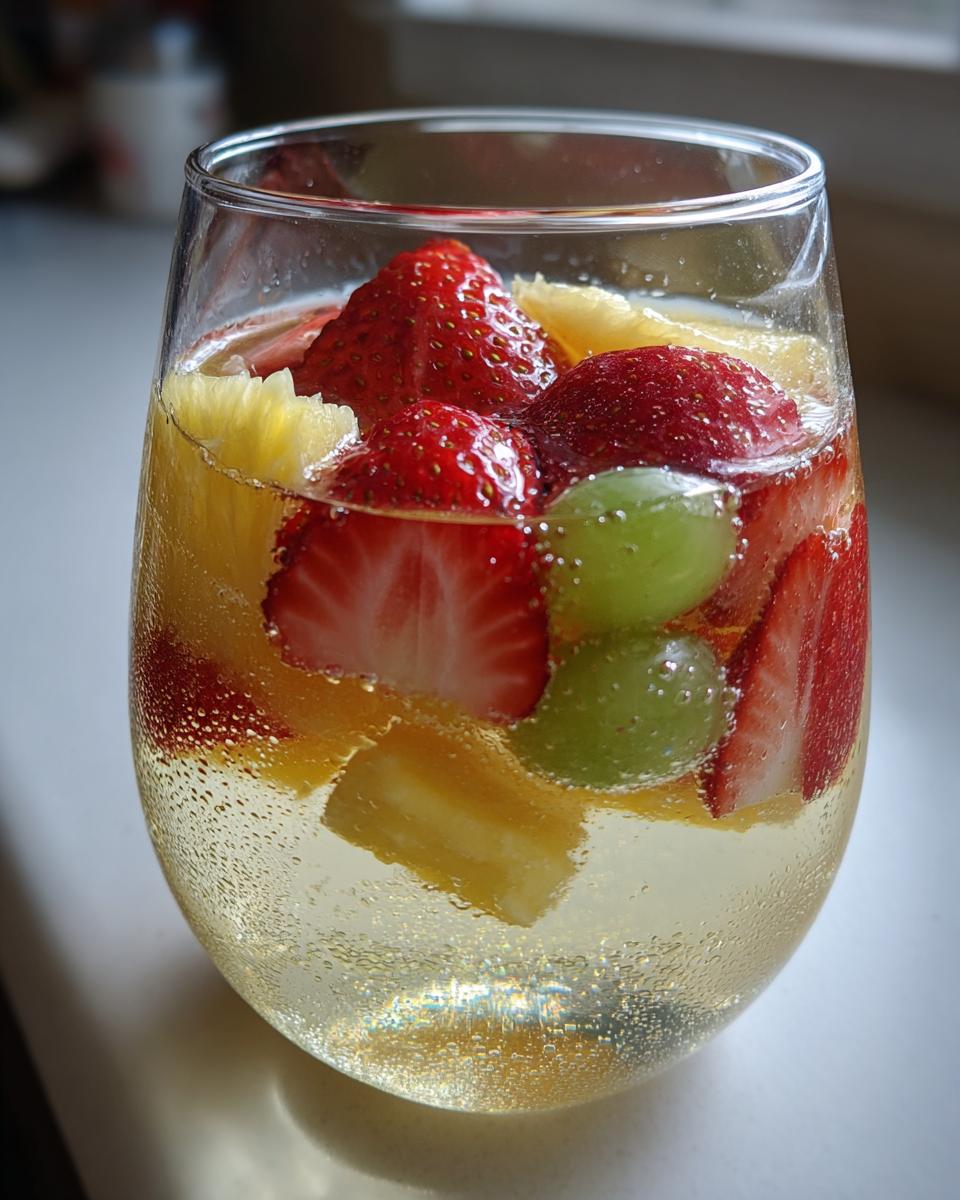 Close-up of a glass filled with bubbly Moscato sangria, loaded with sliced strawberries, pineapple chunks, and green grapes.