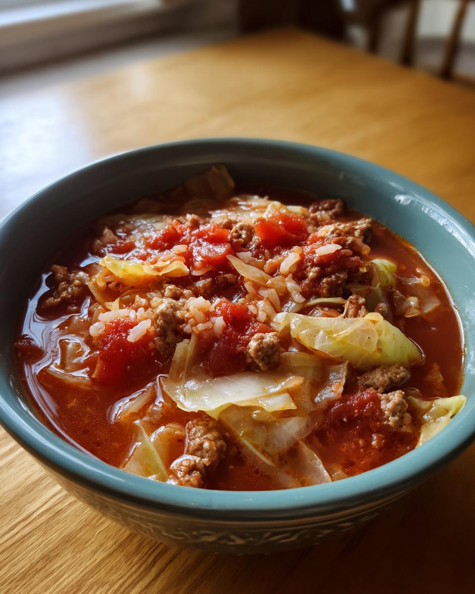 Close-up of a bowl of rich, tomato-based Golumpki soup filled with cabbage, ground meat, and rice.
