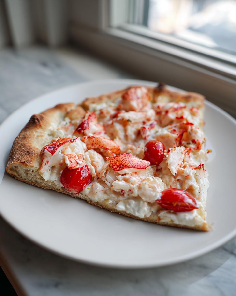 A close-up slice of gourmet lobster pizza topped with creamy white sauce, chunks of bright red lobster meat, and halved cherry tomatoes.