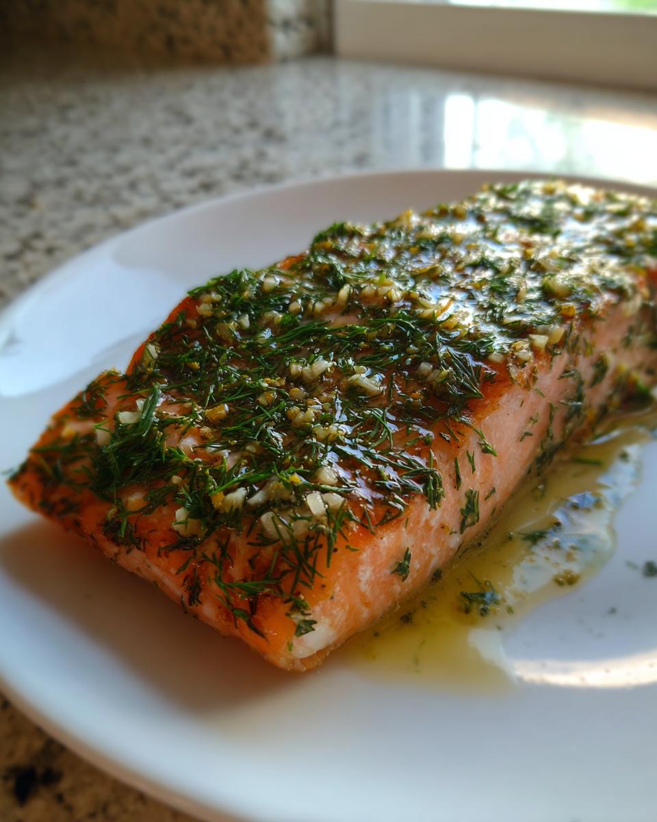 Close-up of a perfectly cooked Greek salmon fillet topped with fresh dill, garlic, and lemon glaze.