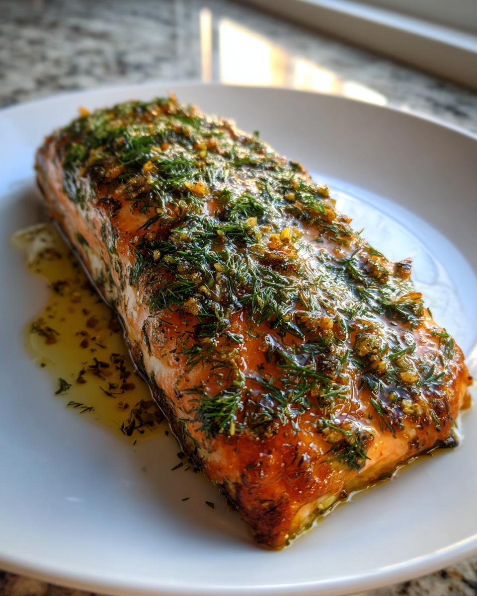 A close-up of a perfectly cooked Greek salmon fillet topped with a generous amount of fresh dill and garlic glaze.