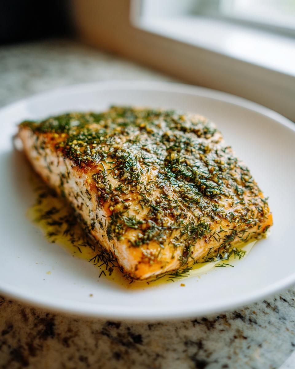 Close-up of a perfectly cooked Greek salmon fillet heavily topped with fresh dill and herbs on a white plate.