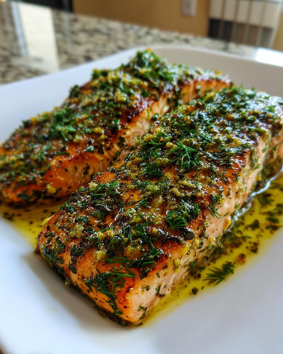 Two perfectly cooked fillets of Greek salmon topped with a vibrant green herb and garlic marinade, resting in olive oil.