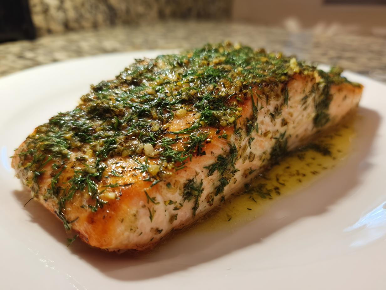 A close-up of a perfectly cooked fillet of Greek salmon topped generously with fresh dill and garlic.