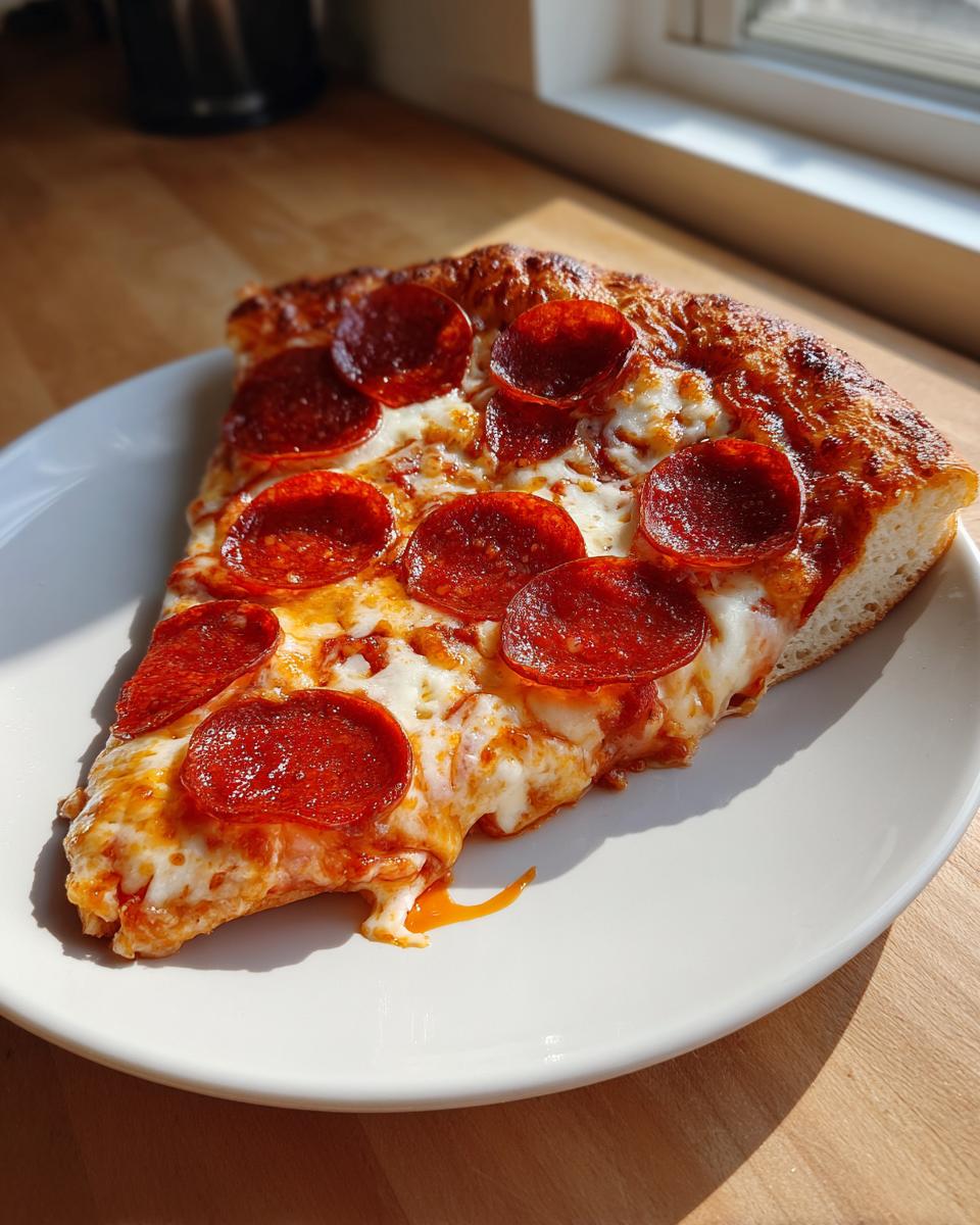 A perfect slice of homemade pepperoni pizza with bubbly, melted cheese served on a white plate.