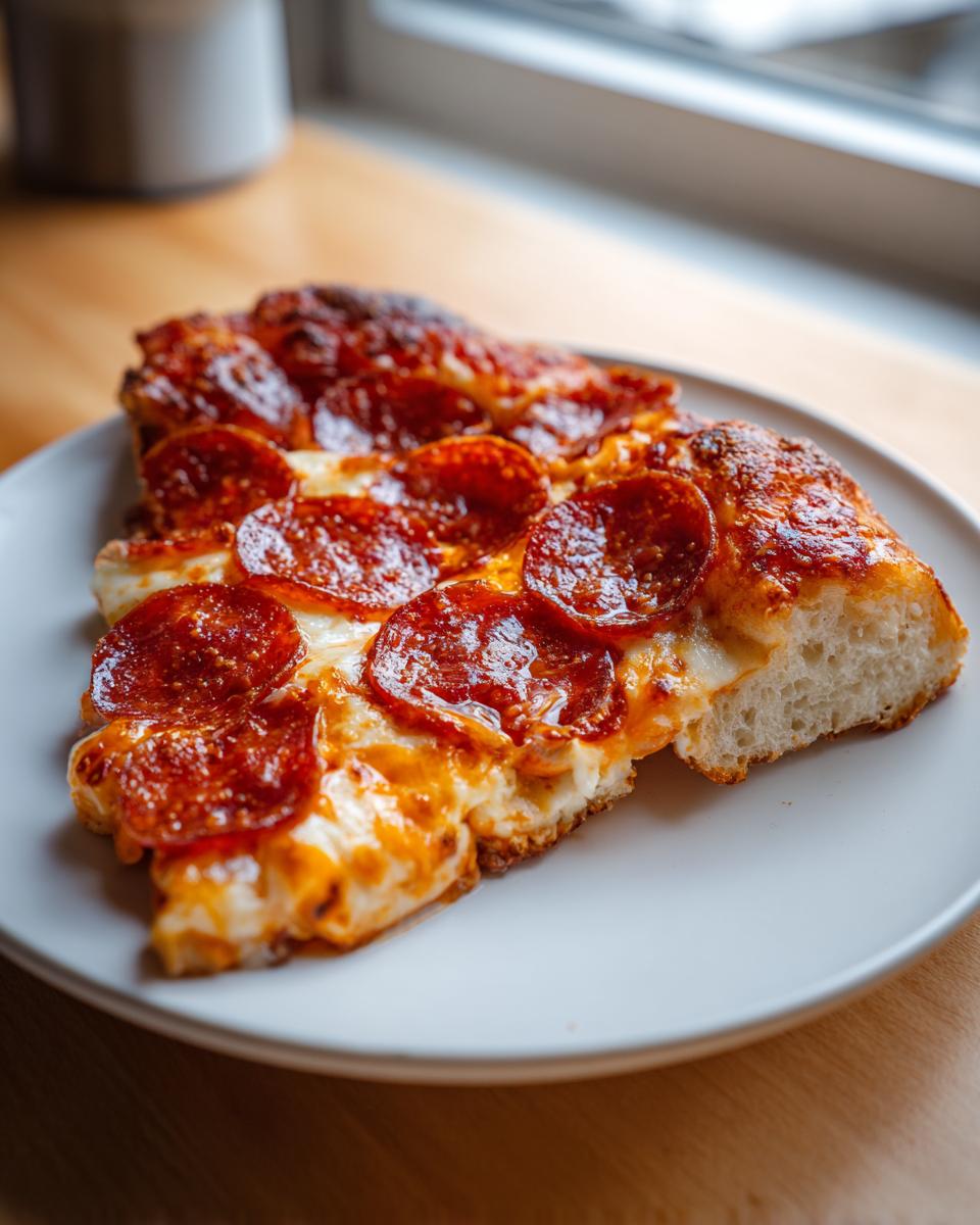 Two slices of homemade pepperoni pizza showing thick crust, melted cheese, and crispy pepperoni on a white plate.