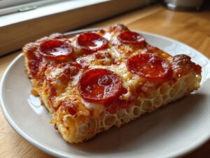 Close-up of a thick slice of homemade pepperoni pizza showing bubbly cheese and a highly aerated, honeycomb-like crust.