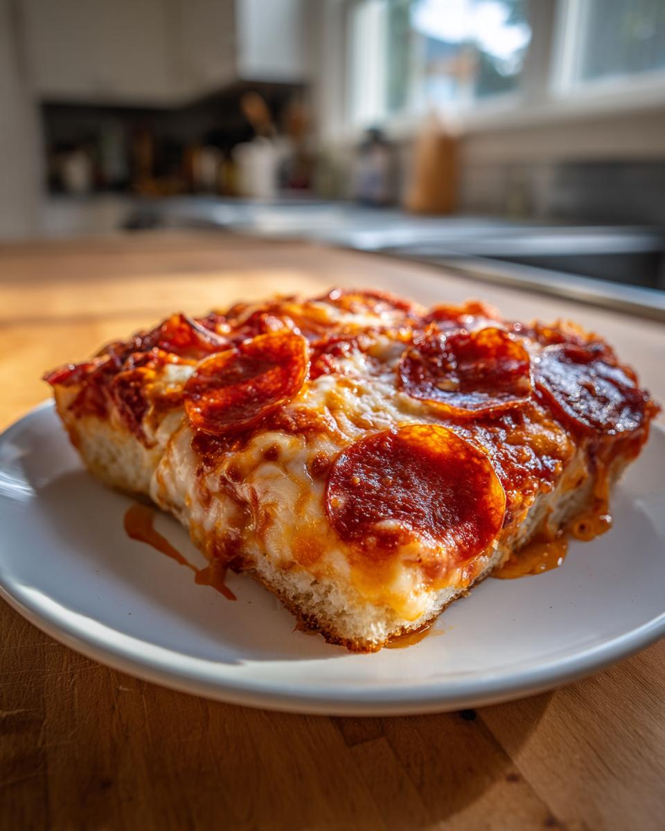 A thick, square slice of homemade pepperoni pizza with melted cheese and crispy pepperoni on a white plate.