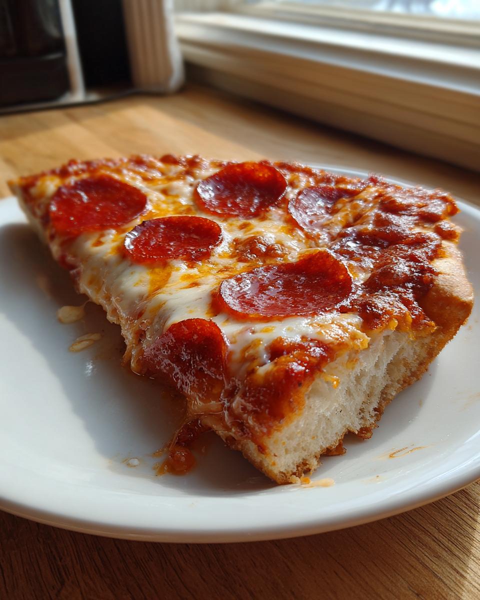 A close-up of a thick slice of homemade pepperoni pizza with bubbly, melted cheese on a white plate.