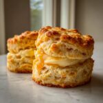 Two fluffy Honey Butter Biscuits, one split and filled with melting butter and honey glaze.