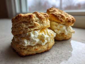 Two fluffy, golden honey butter biscuits split open and filled generously with whipped cream and drizzled with honey.