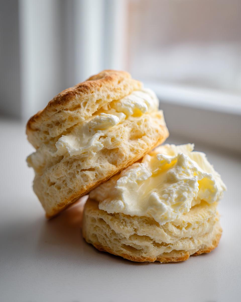 Two fluffy, layered honey butter biscuits split open and generously topped with whipped butter or cream.