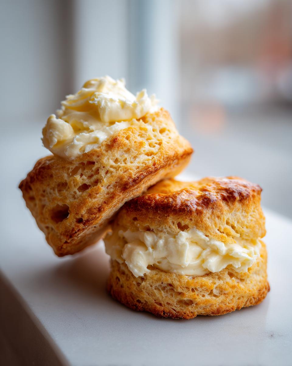 Two golden brown Honey Butter Biscuits stacked, one split and filled with creamy butter.