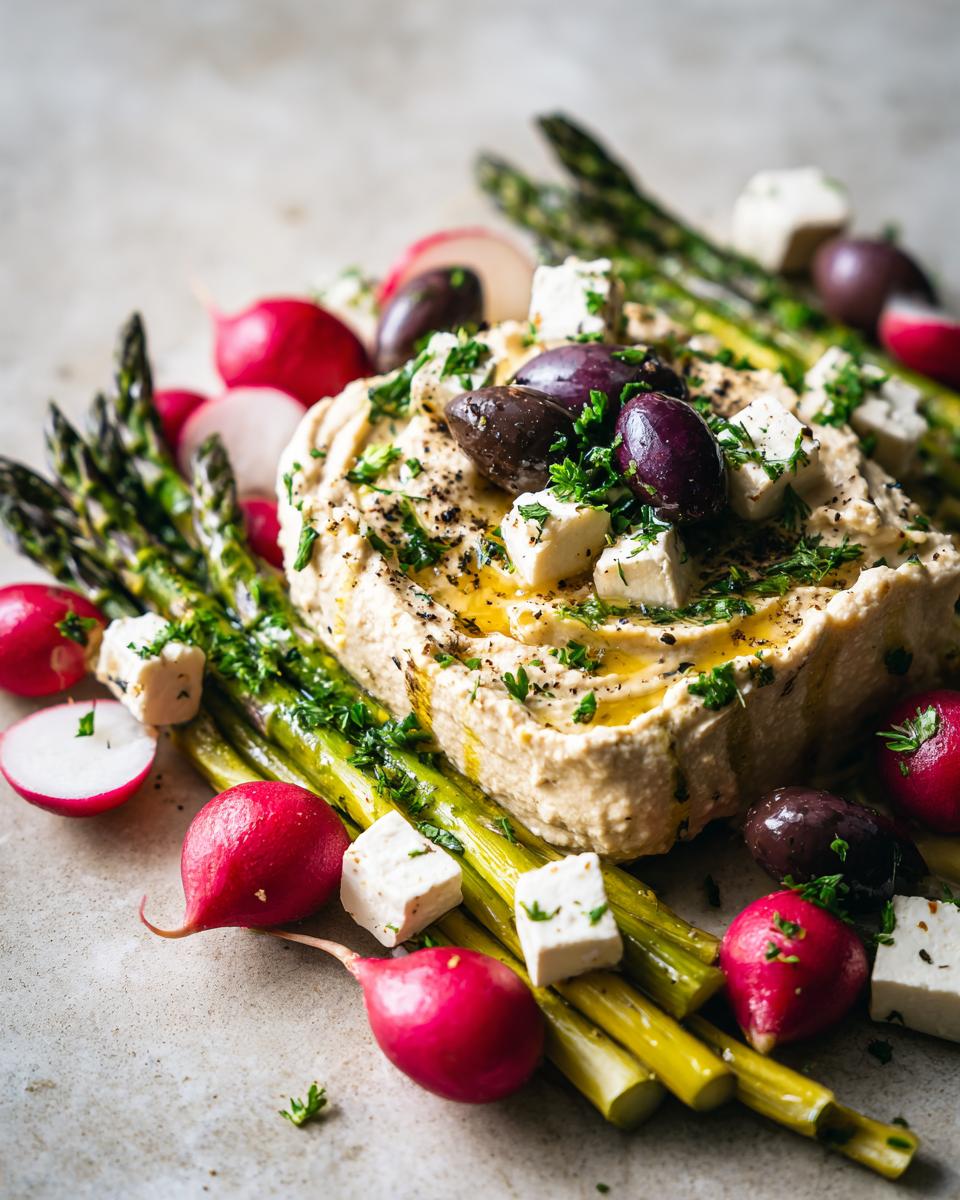 A beautifully arranged Mezze platter featuring a mound of hummus topped with olives, feta, and herbs, surrounded by grilled asparagus and radishes.