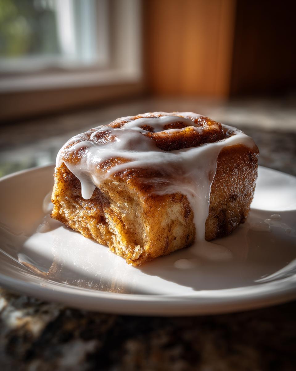 A single, square-cut Apple pie cinnamon rolls drizzled generously with white icing, sitting on a white plate.