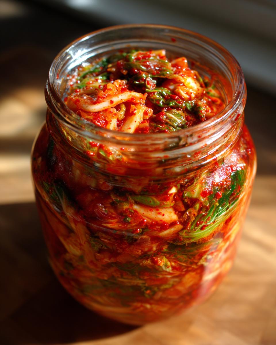 Close-up of bright red, spicy fermented kimchi packed tightly into a clear glass jar.