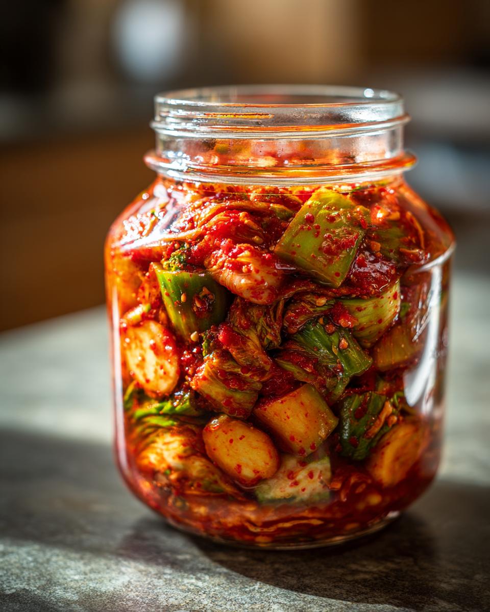 A glass jar filled with vibrant red, spicy fermented kimchi made from cabbage and other vegetables.