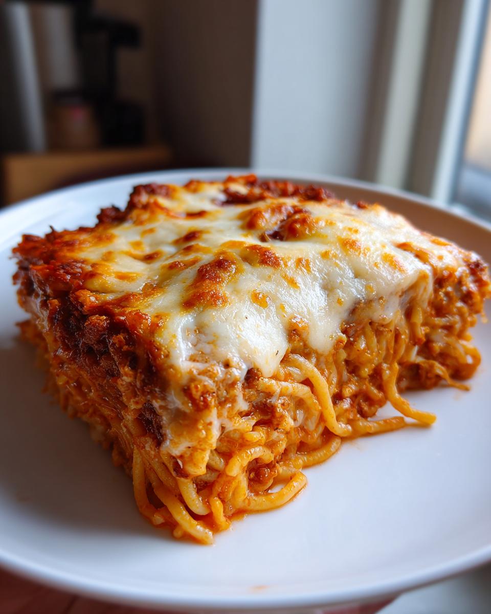 A close-up, tempting slice of leftover spaghetti bake covered in bubbly, melted mozzarella cheese on a white plate.