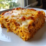 A square slice of baked leftover spaghetti bake, topped with golden, bubbly melted cheese, served on a white plate.