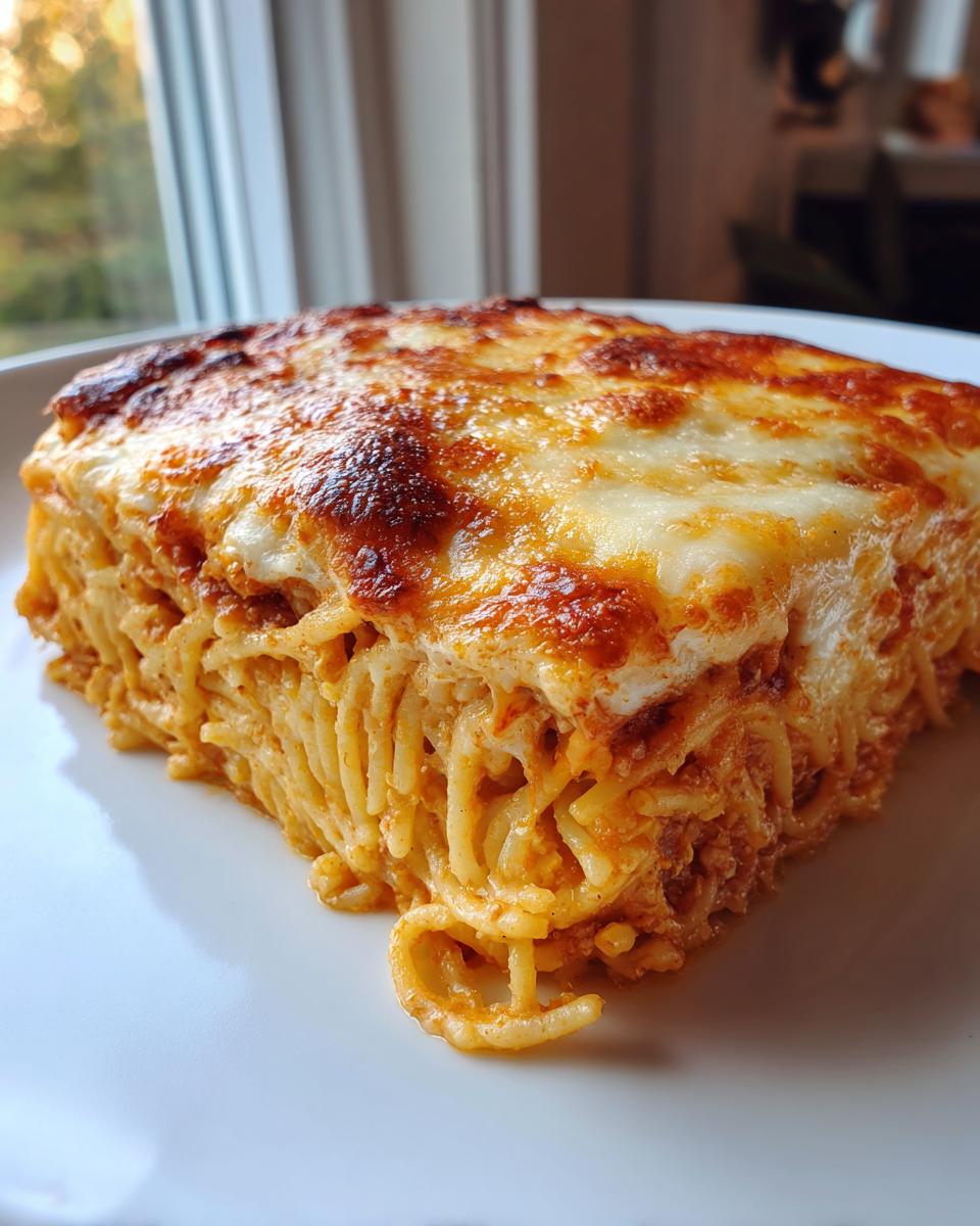 A square slice of rich, cheesy Leftover spaghetti bake served on a white plate, showing baked spaghetti strands.