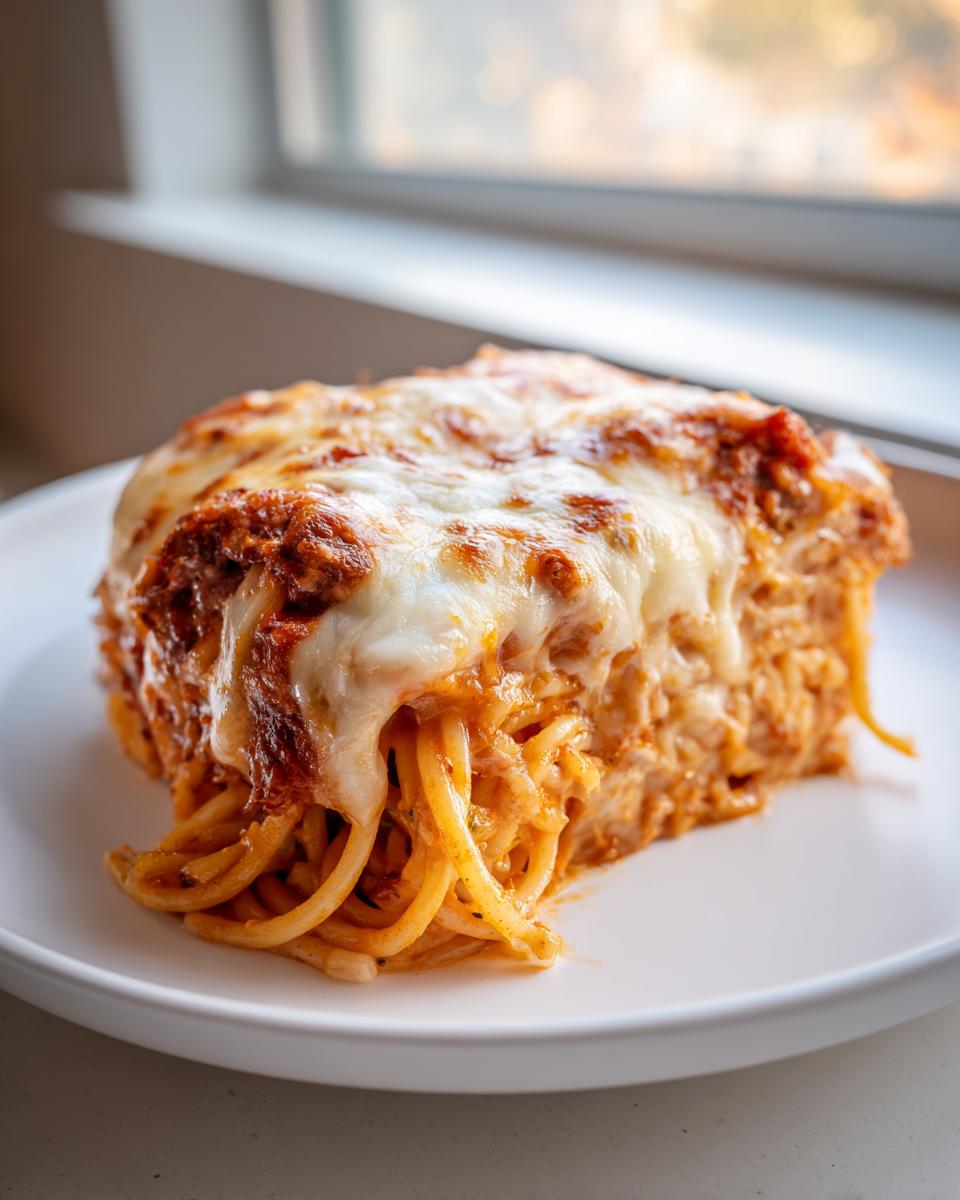 A generous slice of Leftover spaghetti bake topped with melted mozzarella cheese, served on a white plate.